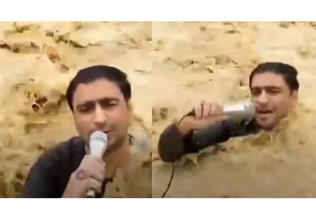 Giornalista pakistano in diretta con l’acqua alla vita il video fa il giro dei social